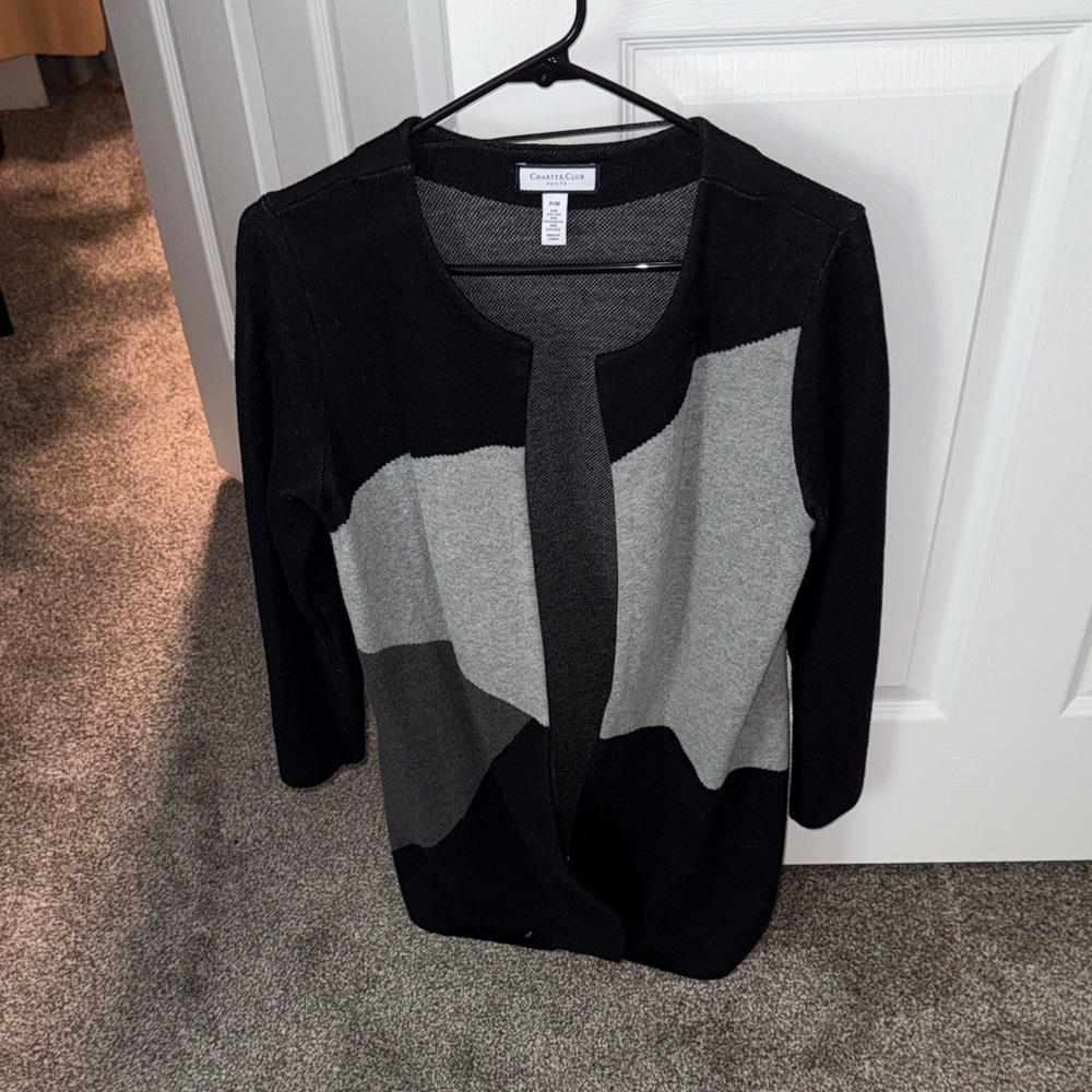 Charter Club Petite Black & Gray Open-Front Cardigan | P/M